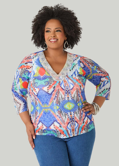 Ashley Stewart Embellished Printed Mesh Top Multi
