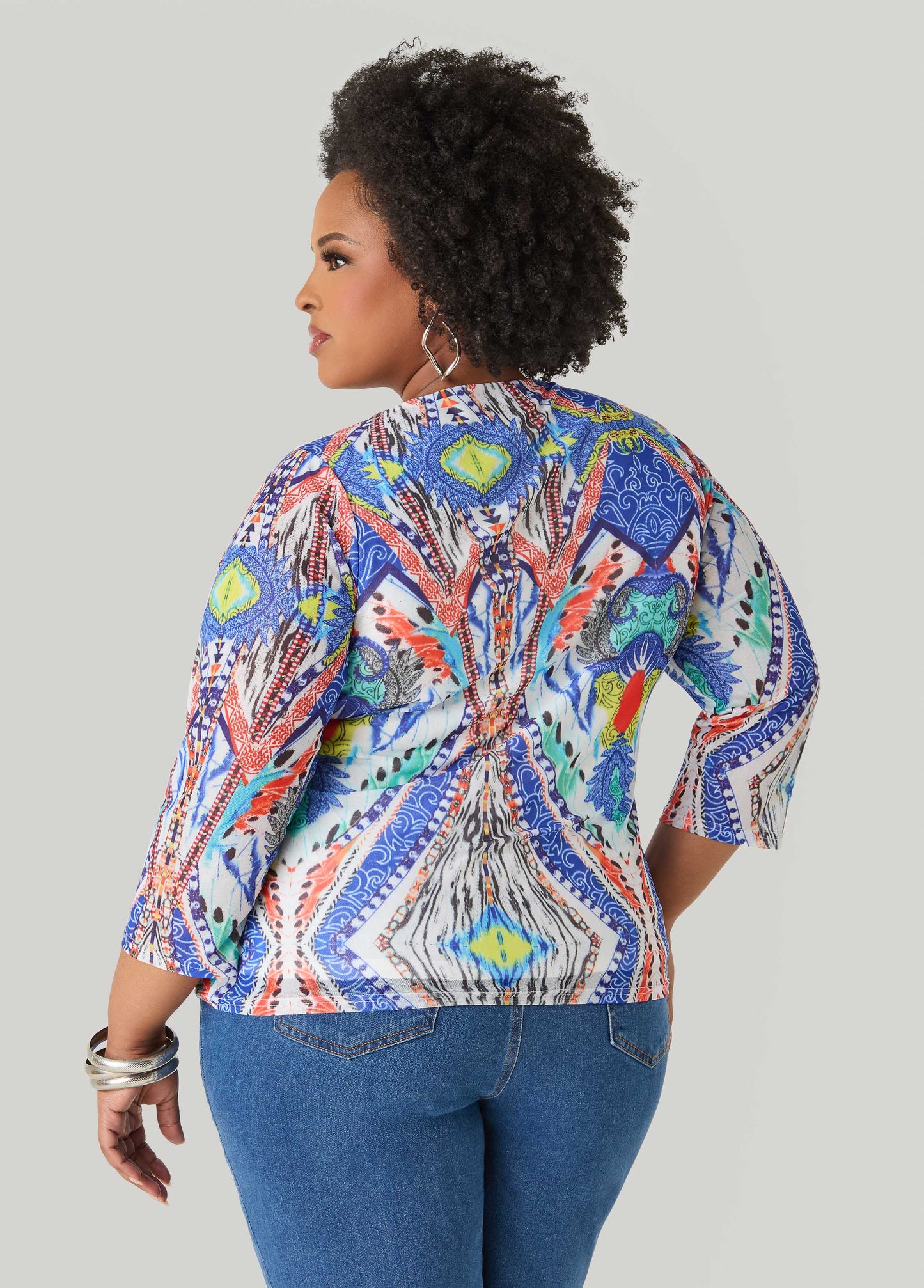 Ashley Stewart Embellished Printed Mesh Top Multi