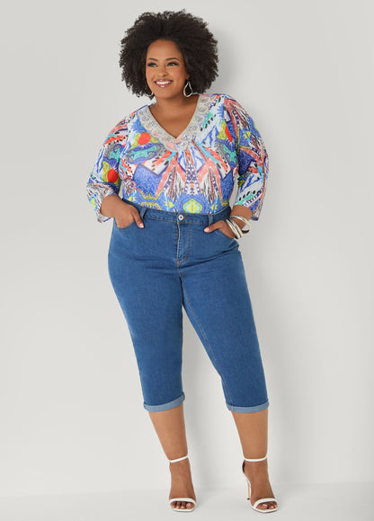 Ashley Stewart Embellished Printed Mesh Top Multi