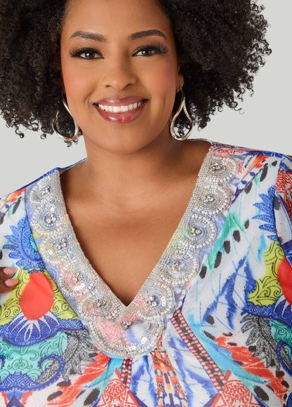 Ashley Stewart Embellished Printed Mesh Top Multi