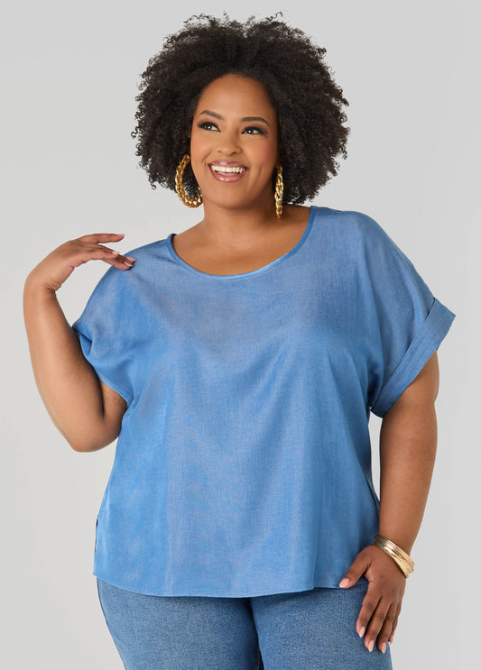 Ashley Stewart Plus Size Dolman Blouse | Relaxed Fit in Chambray Blue & Blush Pink Denim