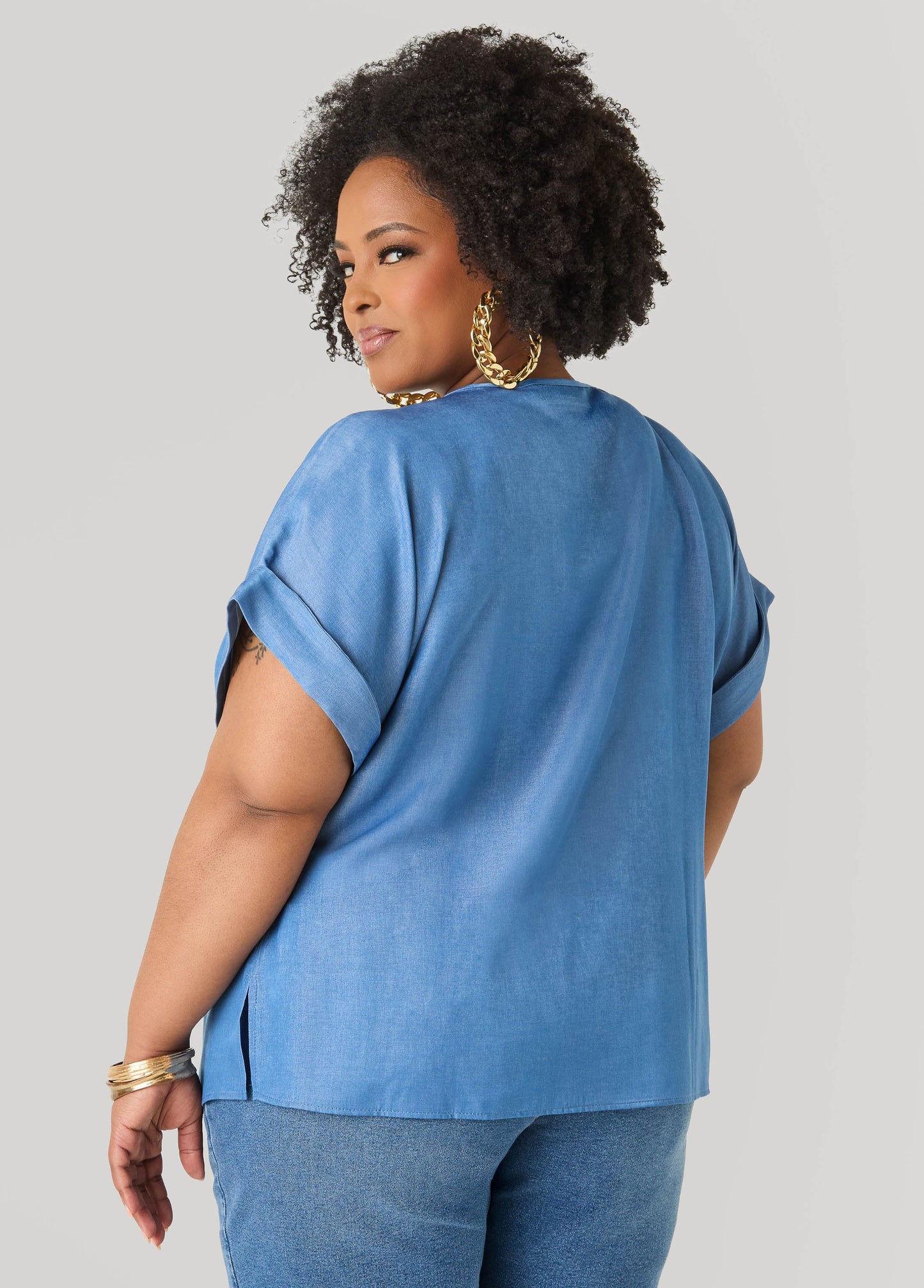 Ashley Stewart Plus Size Dolman Blouse | Relaxed Fit in Chambray Blue & Blush Pink Denim