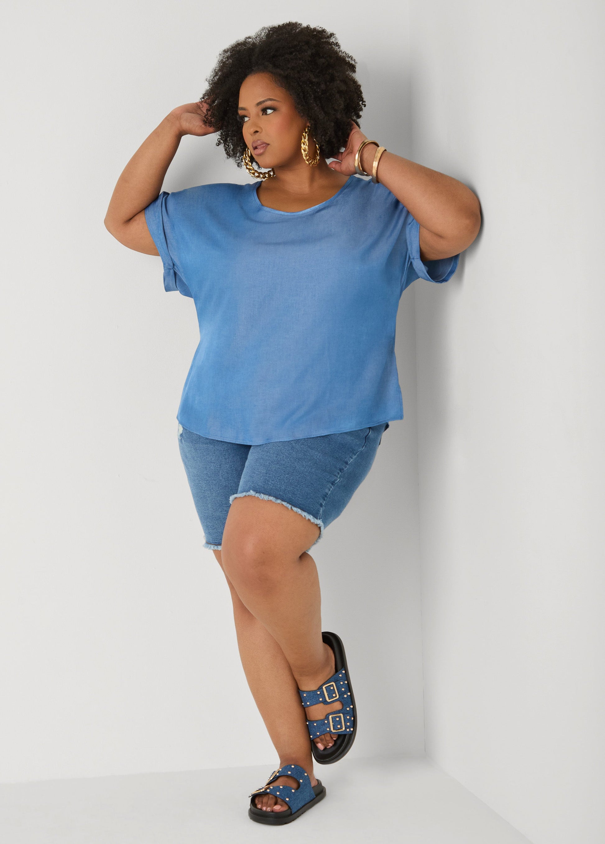 Ashley Stewart Plus Size Dolman Blouse | Relaxed Fit in Chambray Blue & Blush Pink Denim