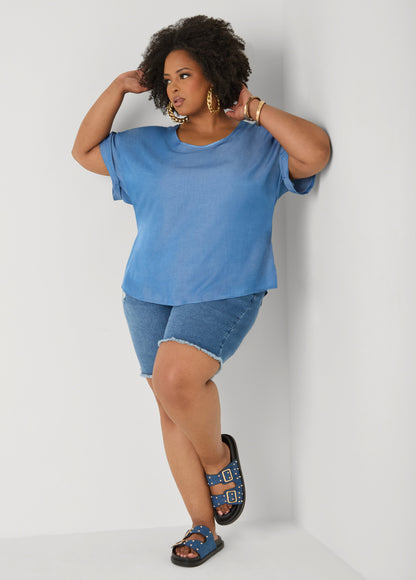 Ashley Stewart Plus Size Dolman Blouse | Relaxed Fit in Chambray Blue & Blush Pink Denim
