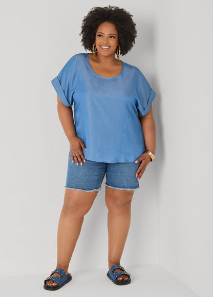 Ashley Stewart Plus Size Dolman Blouse | Relaxed Fit in Chambray Blue & Blush Pink Denim
