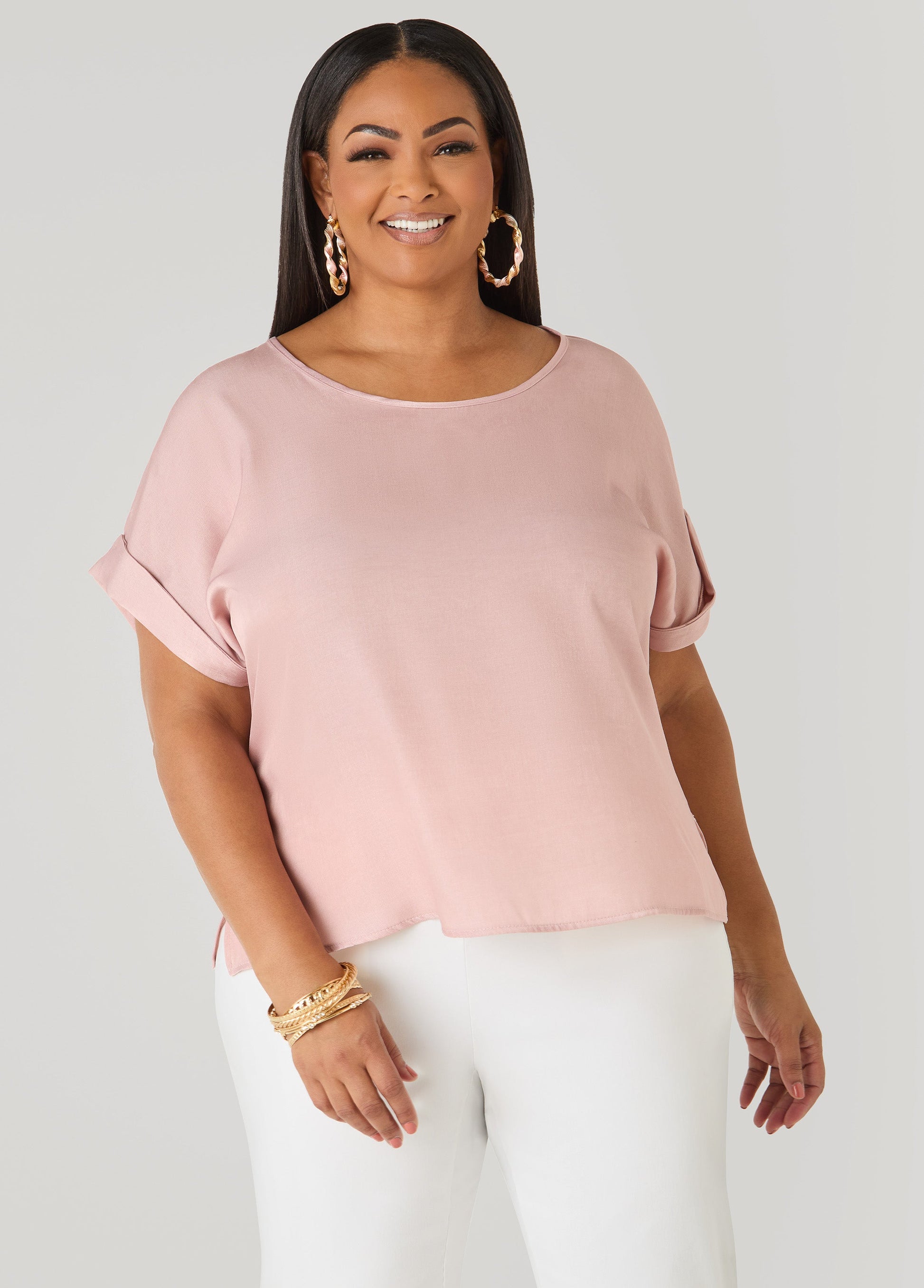 Ashley Stewart Plus Size Dolman Blouse | Relaxed Fit in Chambray Blue & Blush Pink Denim