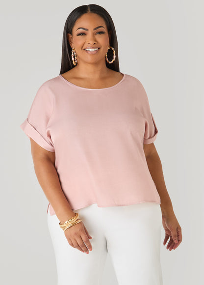 Ashley Stewart Plus Size Dolman Blouse | Relaxed Fit in Chambray Blue & Blush Pink Denim