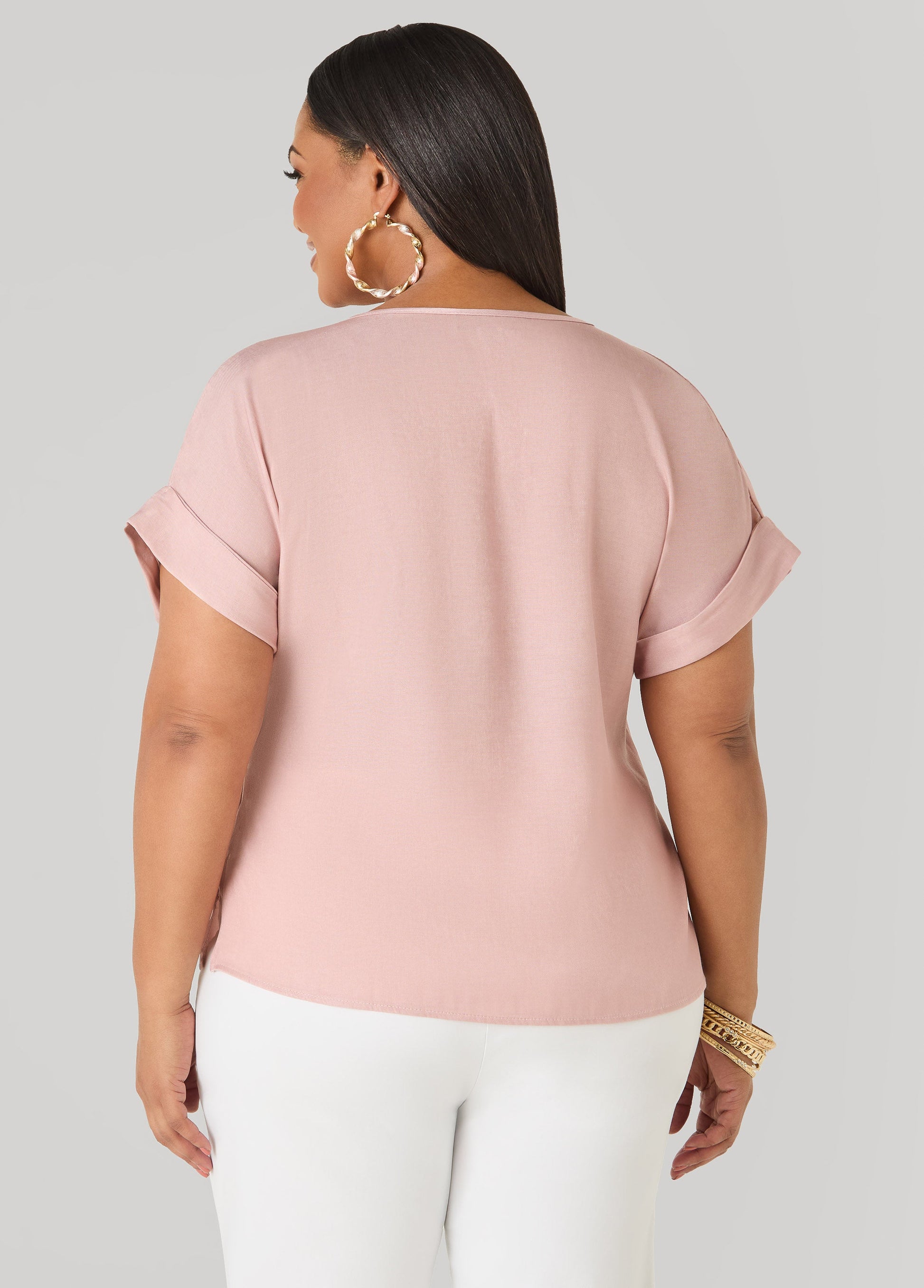 Ashley Stewart Plus Size Dolman Blouse | Relaxed Fit in Chambray Blue & Blush Pink Denim