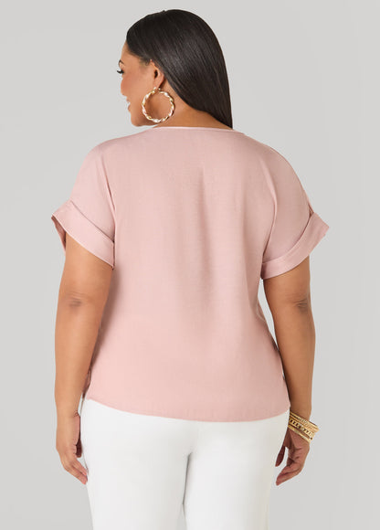 Ashley Stewart Plus Size Dolman Blouse | Relaxed Fit in Chambray Blue & Blush Pink Denim