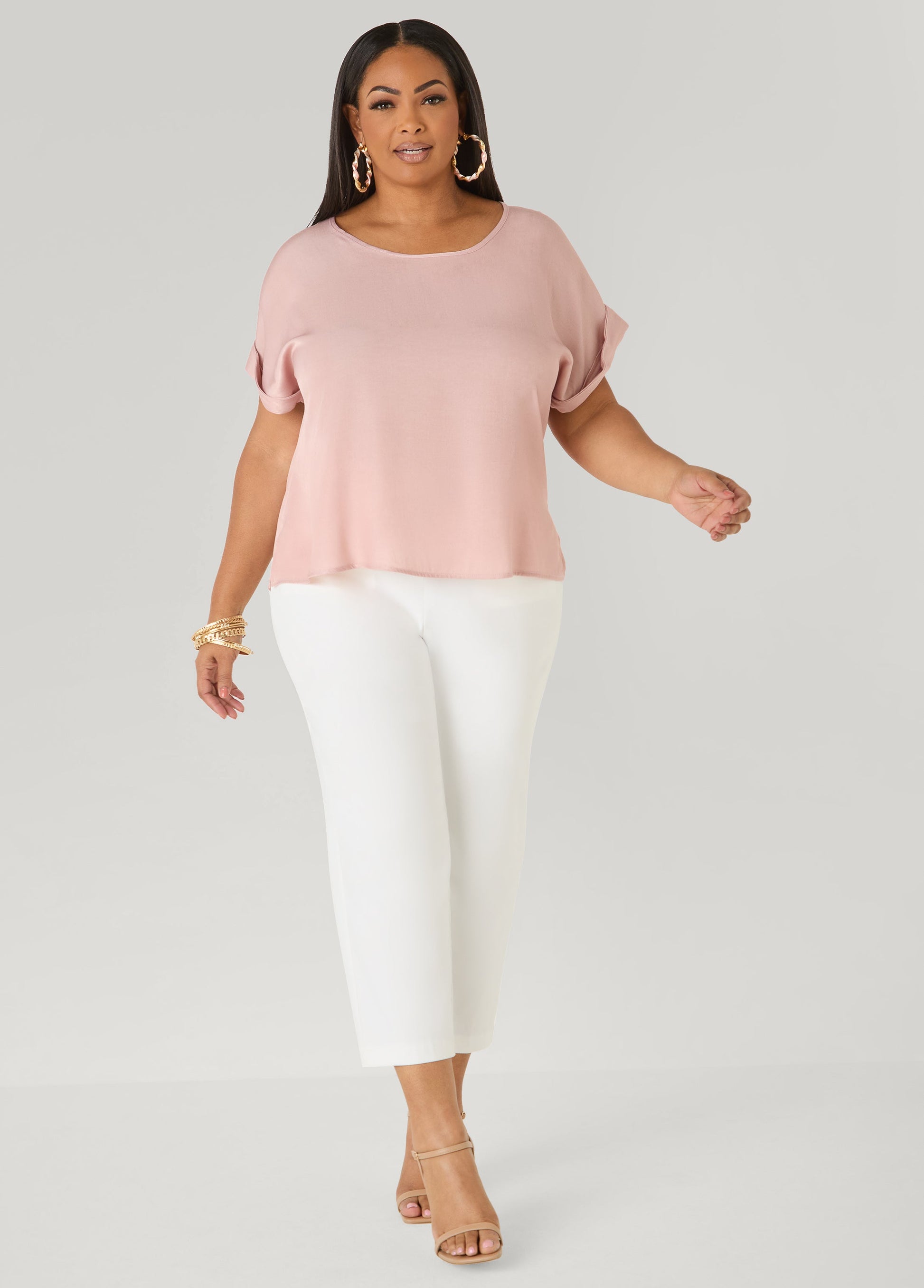 Ashley Stewart Plus Size Dolman Blouse | Relaxed Fit in Chambray Blue & Blush Pink Denim