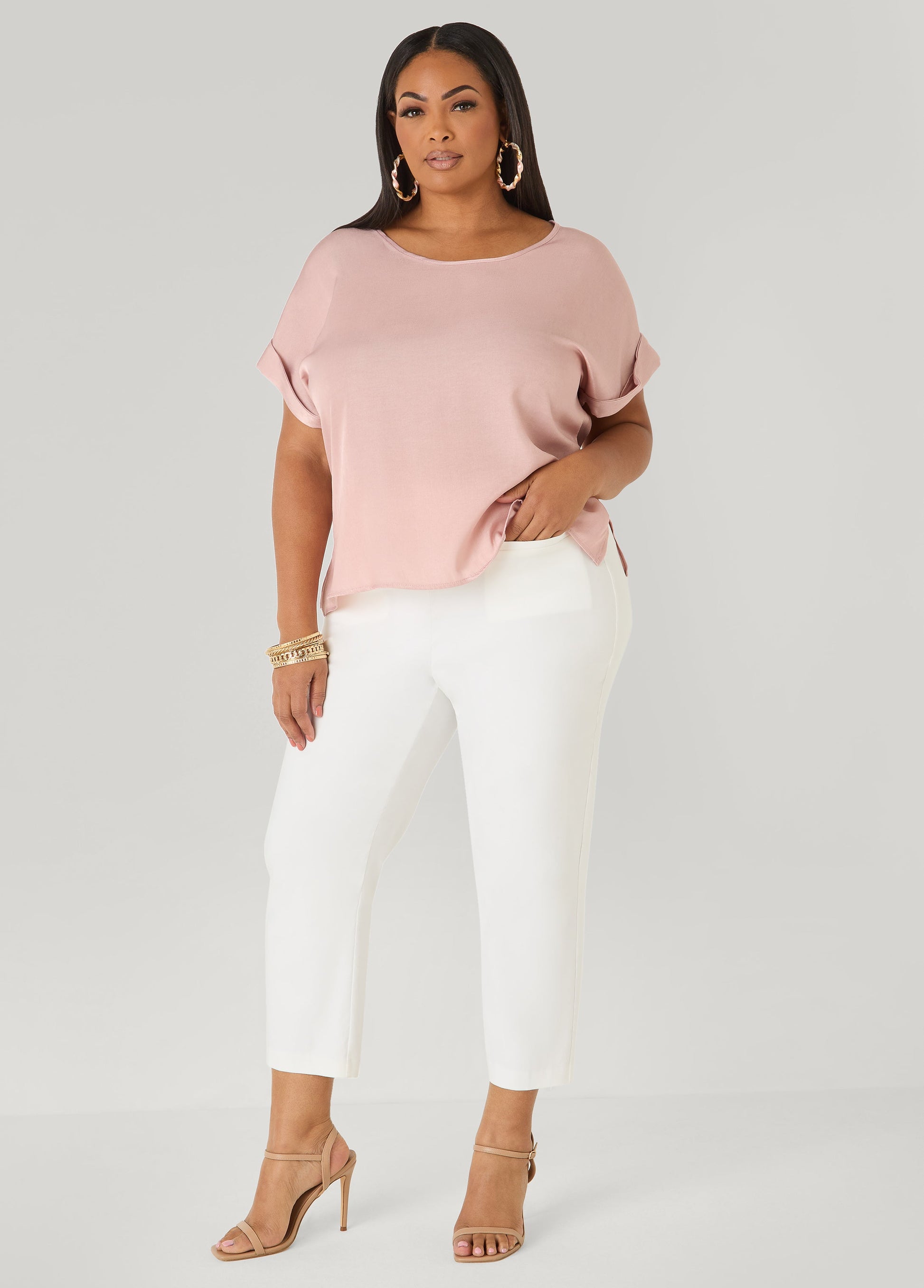 Ashley Stewart Plus Size Dolman Blouse | Relaxed Fit in Chambray Blue & Blush Pink Denim