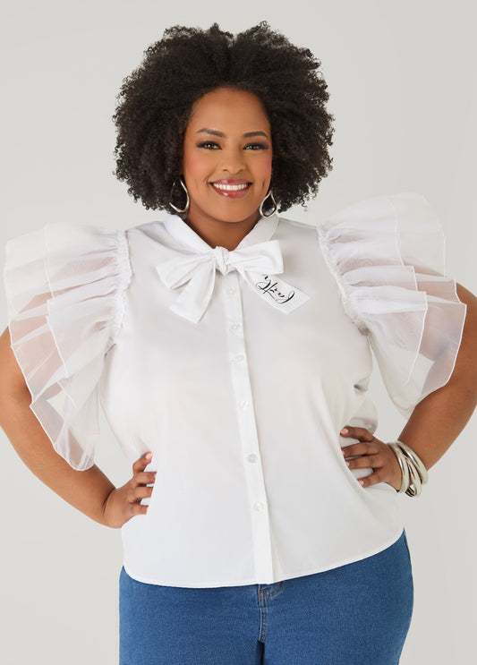 Ashley Stewart Organza Sleeved Faith Shirt White