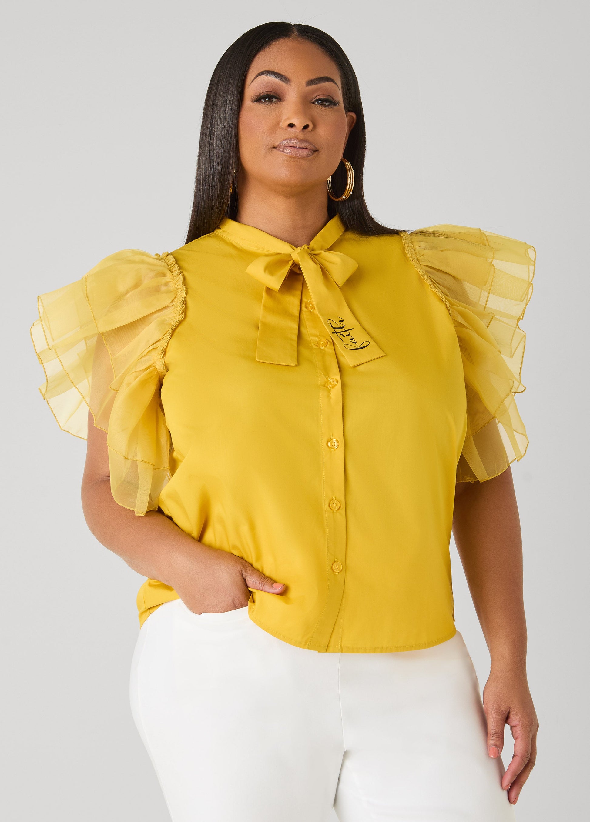 Ashley Stewart Organza Sleeved Faith Shirt White