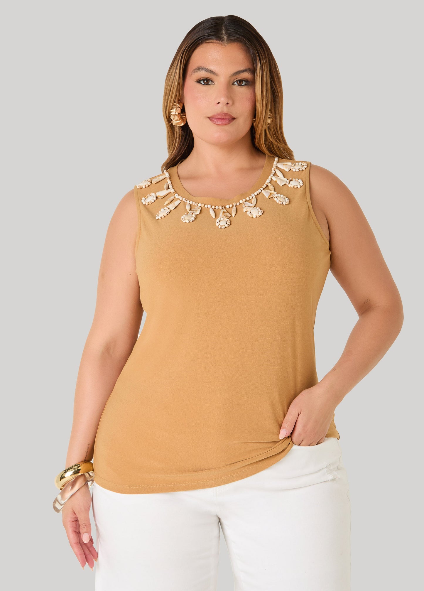 Ashley Stewart Marbled Bead Stretch Crepe Top Iced Coffee