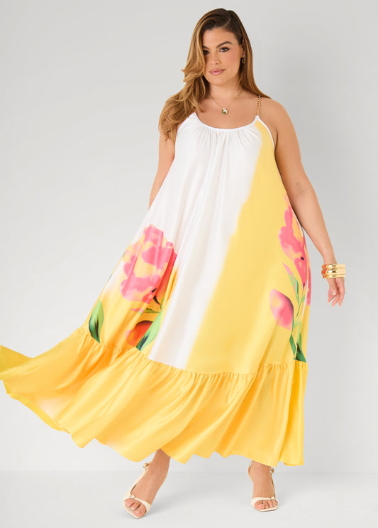 Ashley Stewart Tall Chain Trimmed Floral Maxi Dress Primrose Yellow