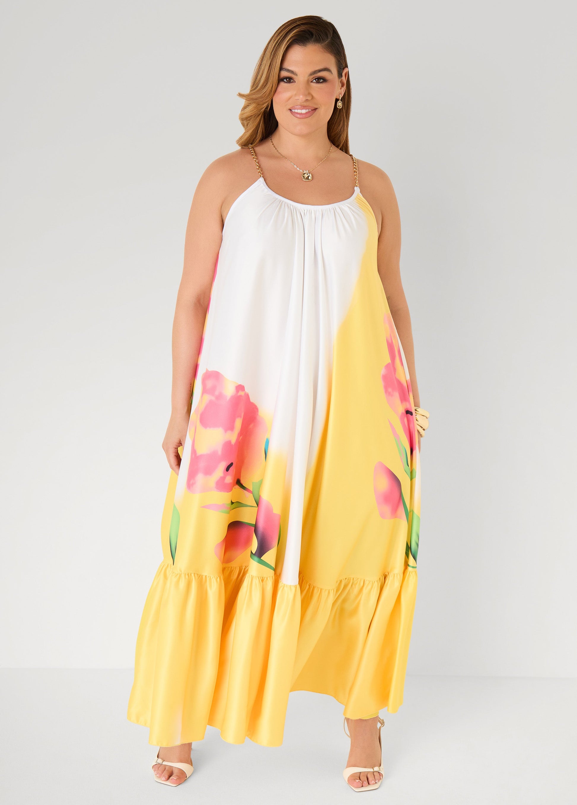 Ashley Stewart Tall Chain Trimmed Floral Maxi Dress Primrose Yellow