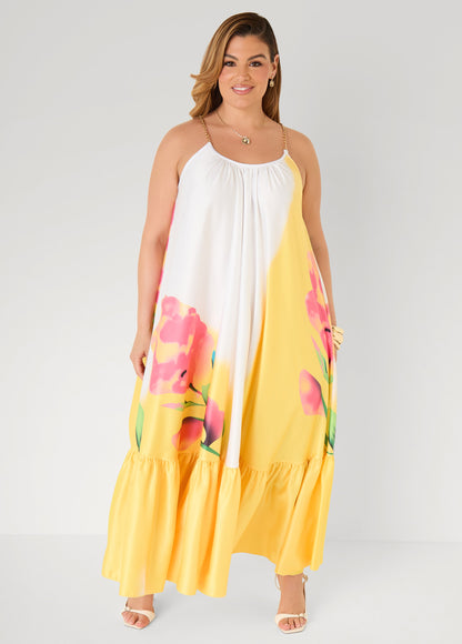 Ashley Stewart Tall Chain Trimmed Floral Maxi Dress Primrose Yellow