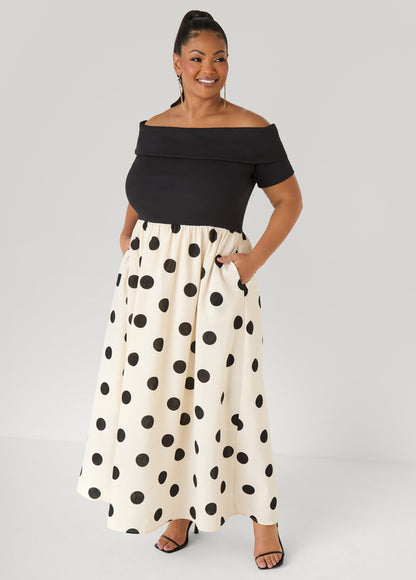 Ashley Stewart Tall Off The Shoulder Polka Dot Dress White Black