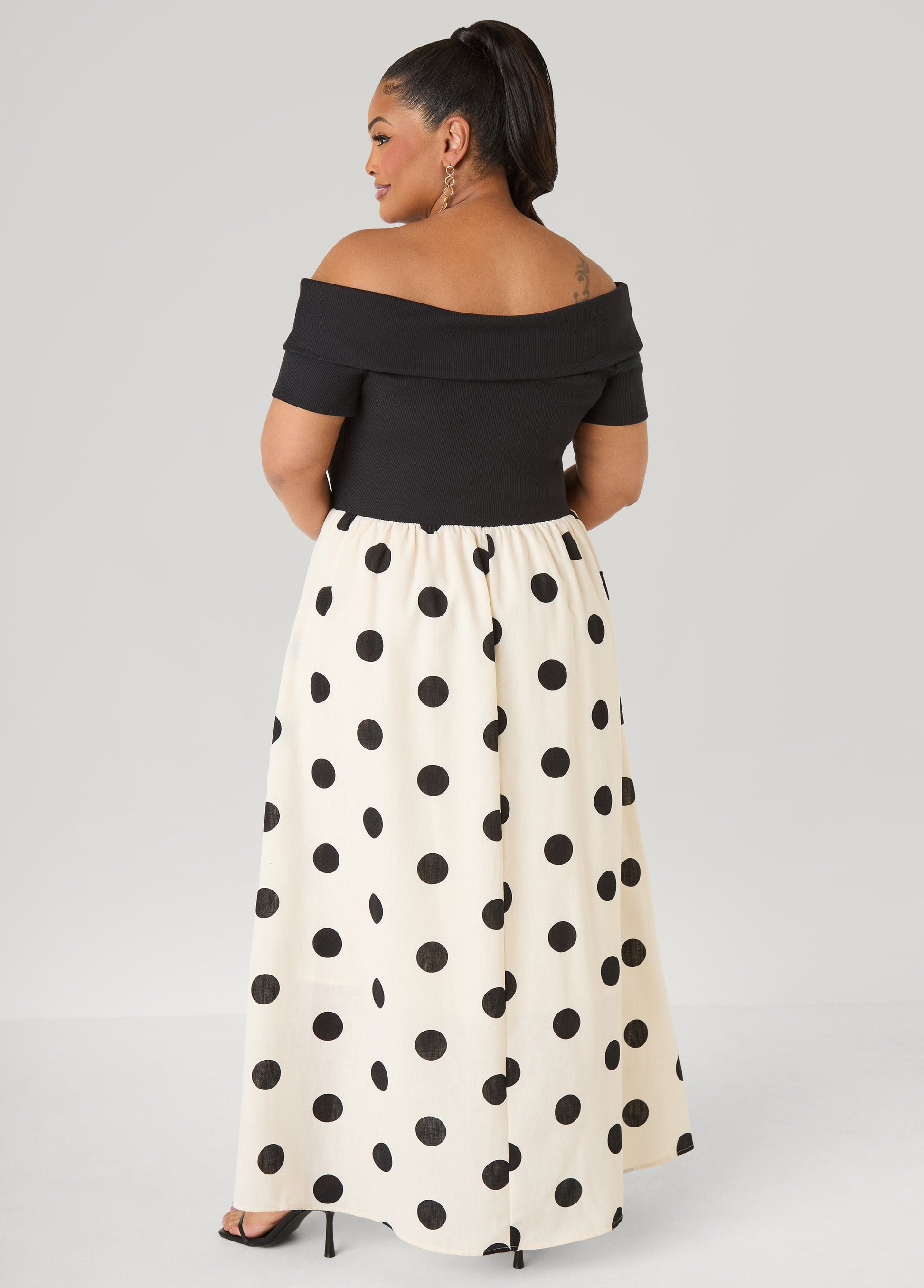 Ashley Stewart Tall Off The Shoulder Polka Dot Dress White Black