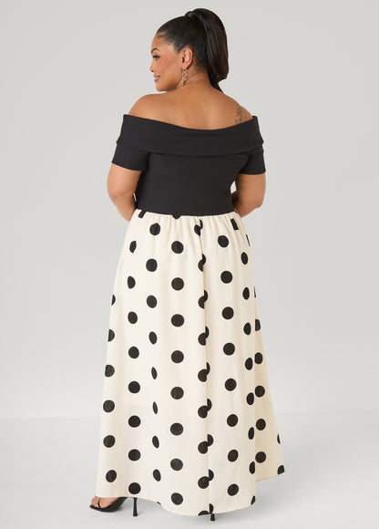 Ashley Stewart Tall Off The Shoulder Polka Dot Dress White Black
