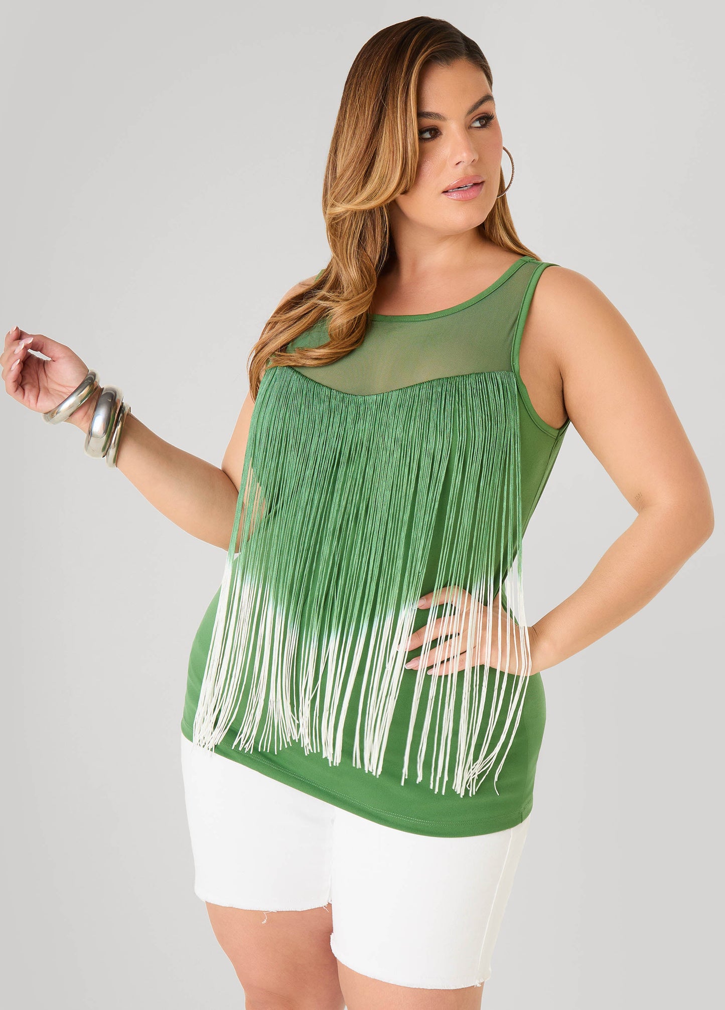 Ashley Stewart Mesh Paneled Fringed Top FAIRWAY