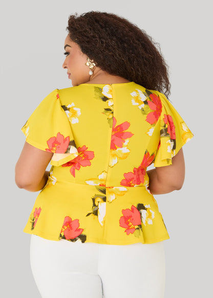 Ashley Stewart Floral Peplum Top Canary Yellow