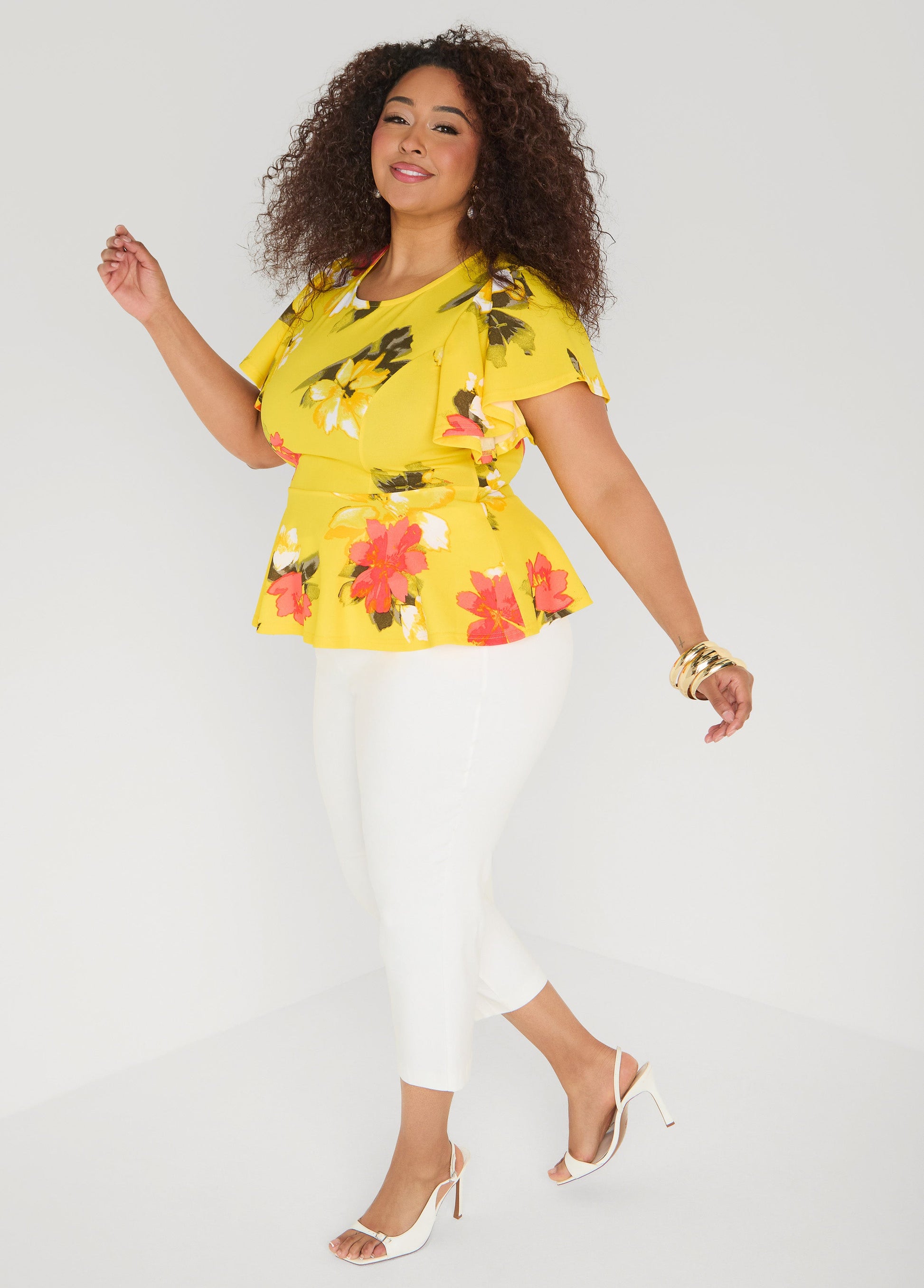 Ashley Stewart Floral Peplum Top Canary Yellow