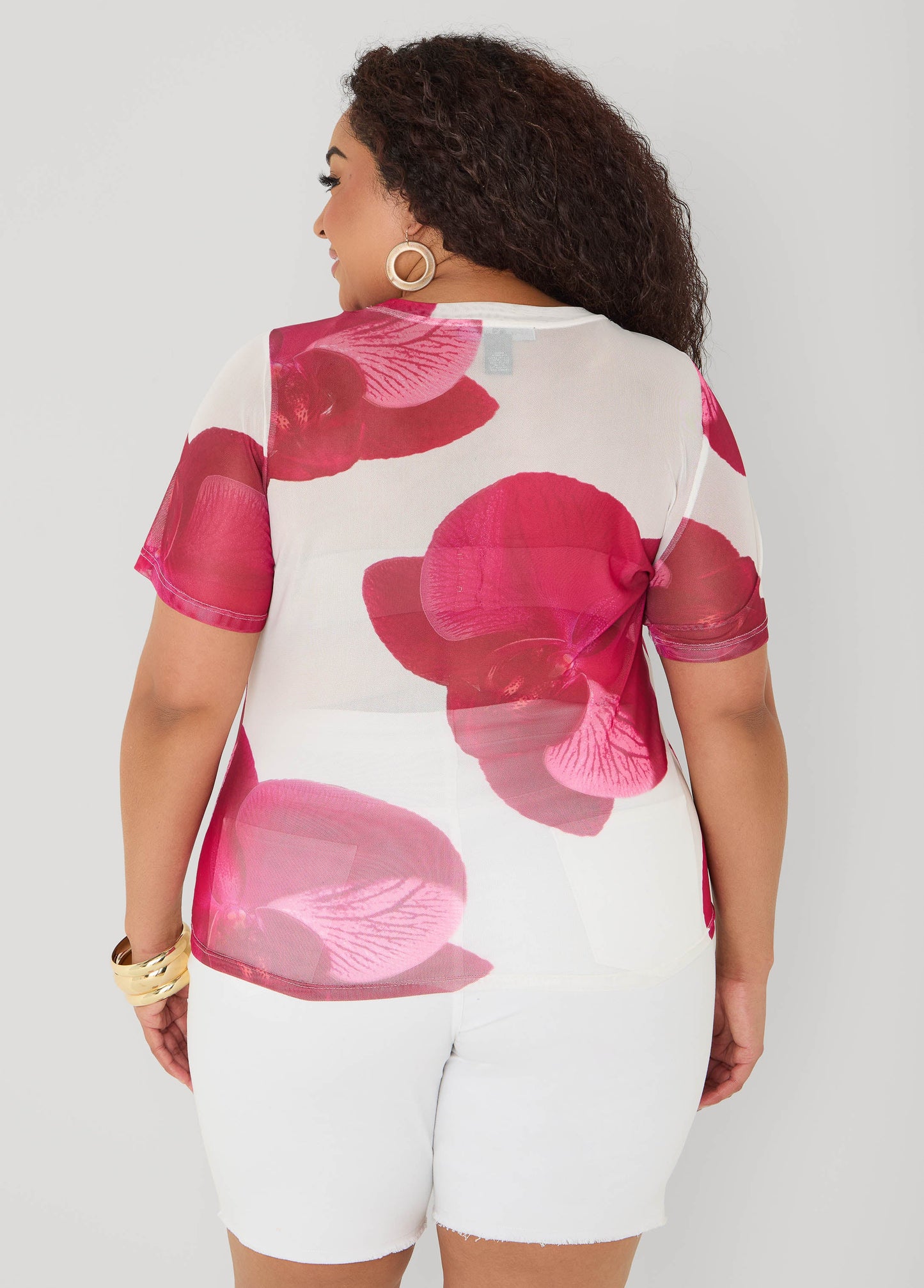 Ashley Stewart Floral Print Mesh Tee White