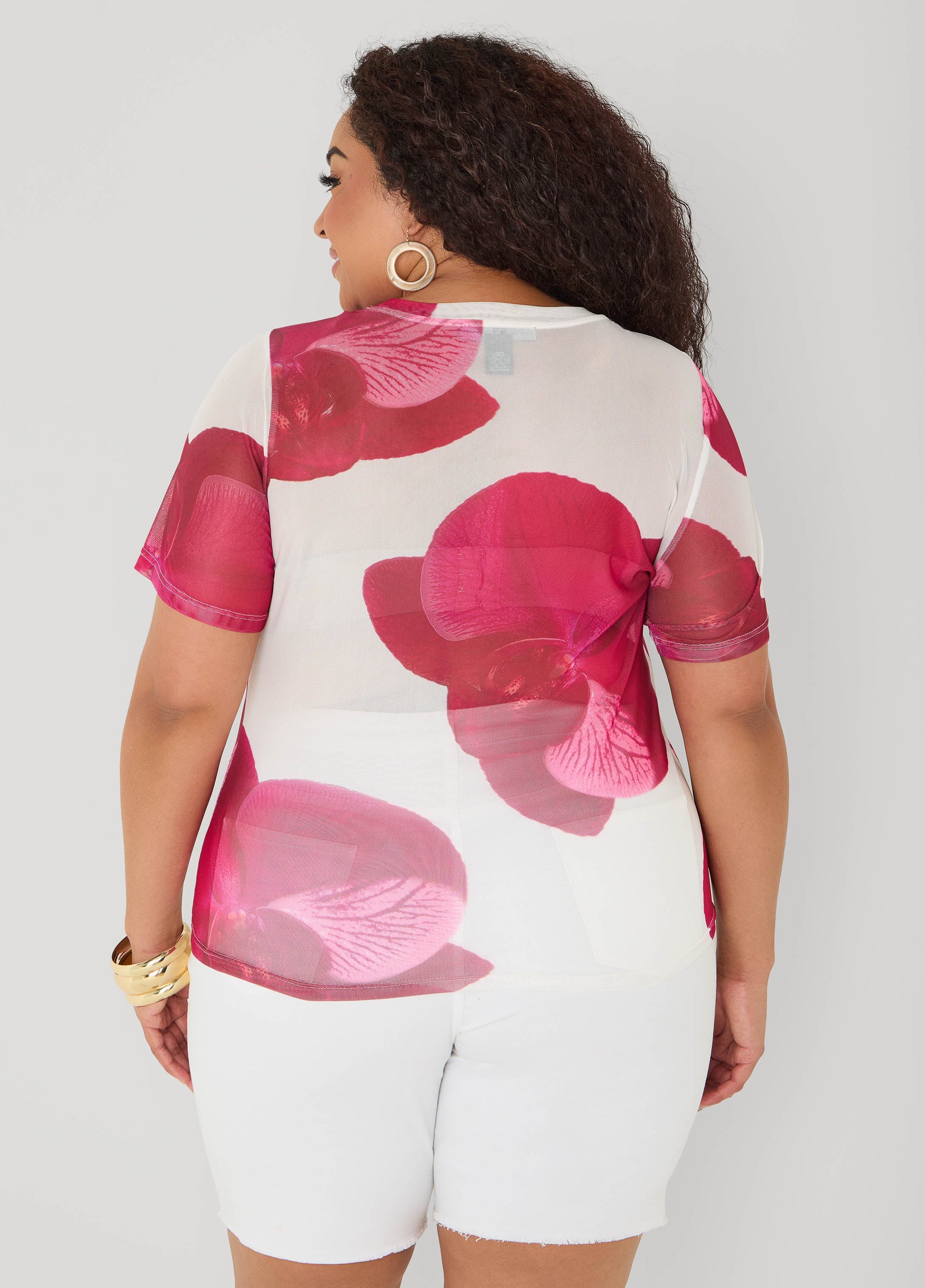 Ashley Stewart Floral Print Mesh Tee White