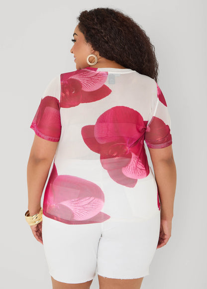 Ashley Stewart Floral Print Mesh Tee White