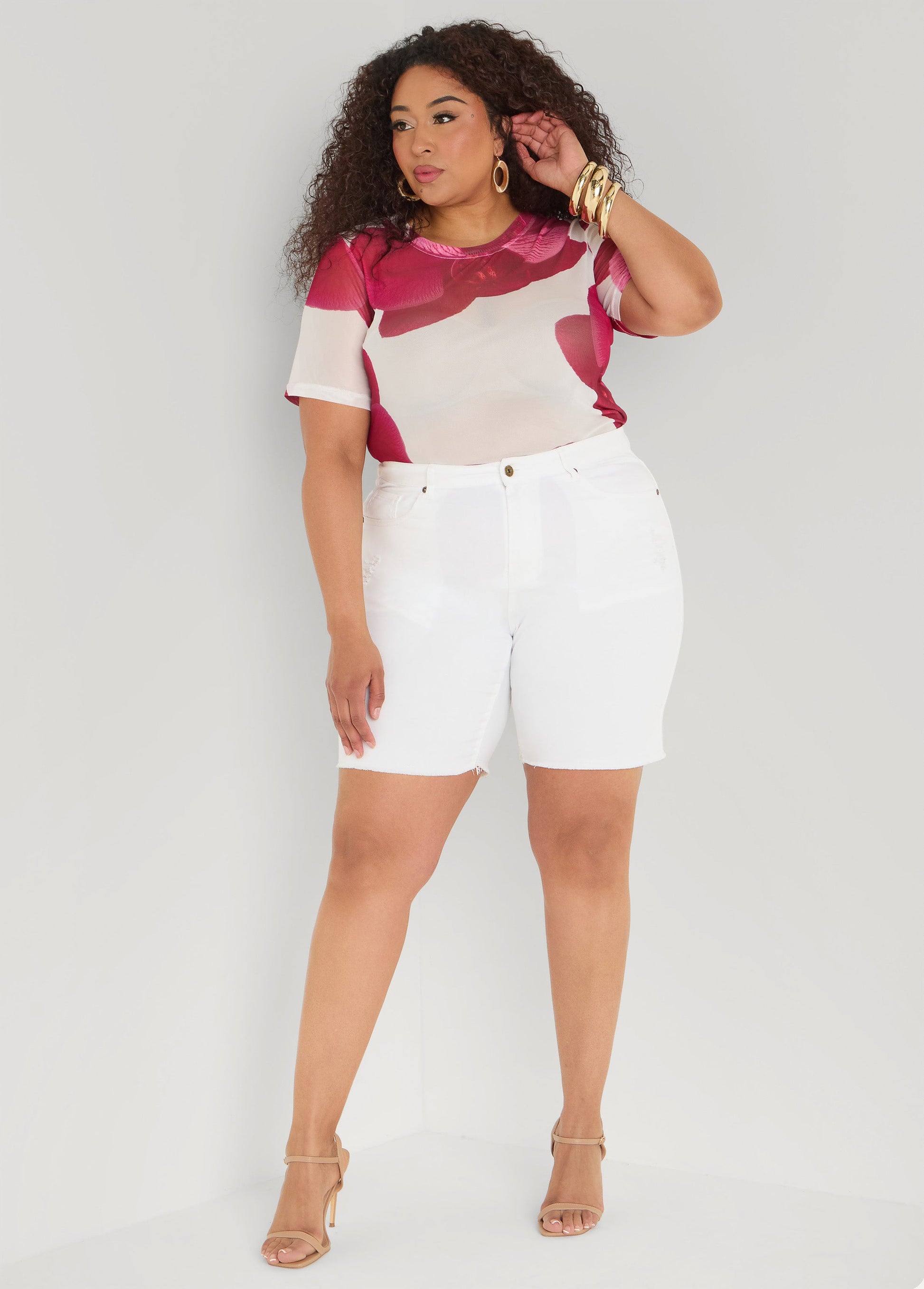 Ashley Stewart Floral Print Mesh Tee White