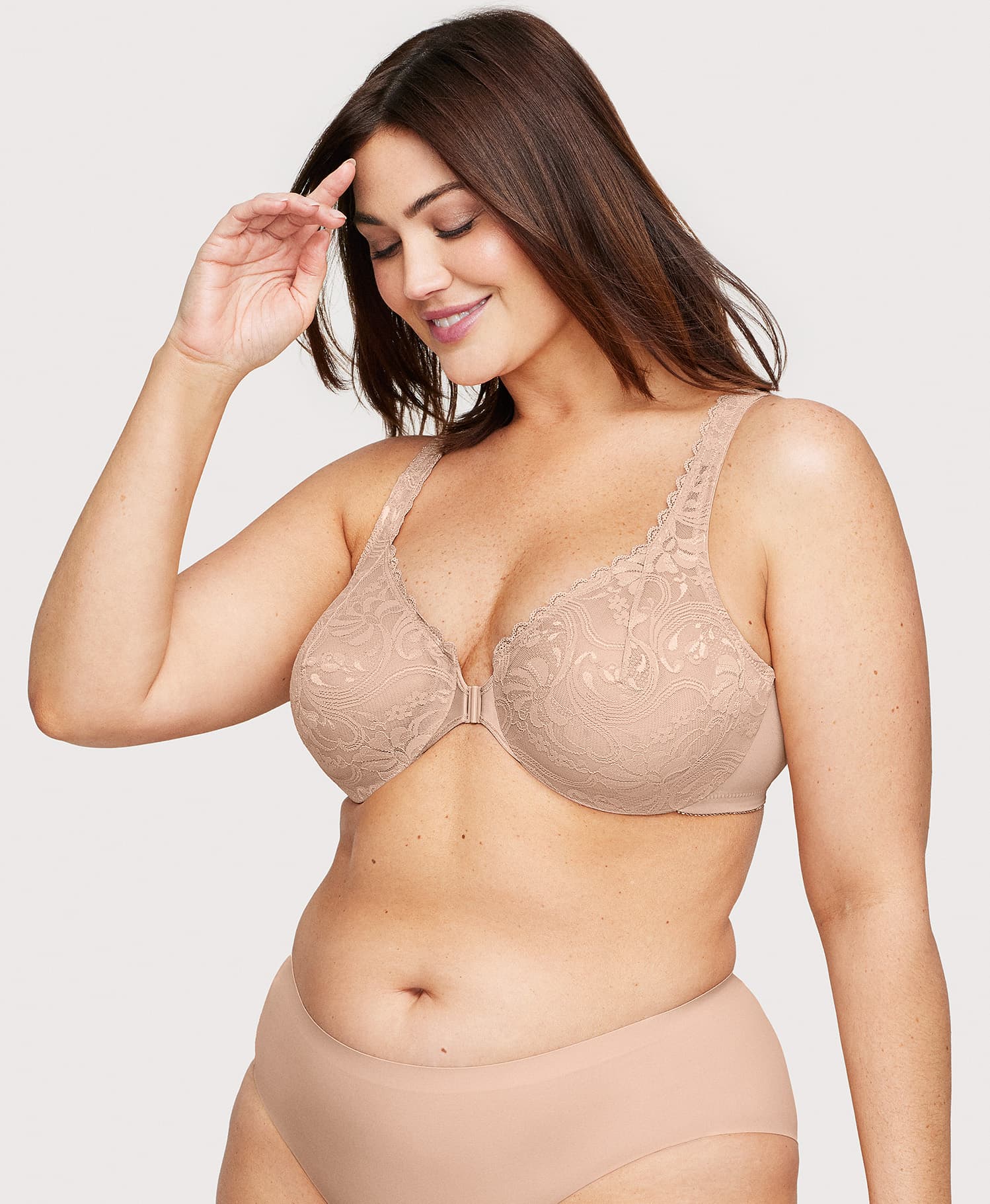 Ashley Stewart Front-Closure Stretch Lace WonderWire Bra Cafe