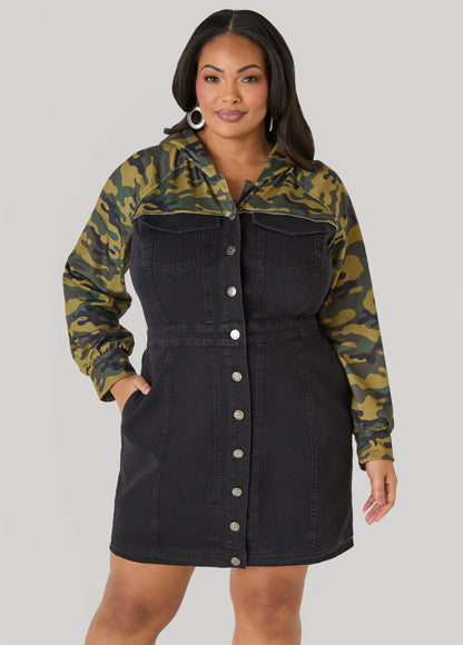 Ashley Stewart Camo Paneled Denim Bodycon Dress Black