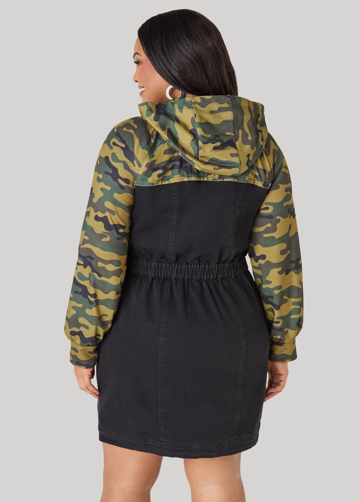 Ashley Stewart Camo Paneled Denim Bodycon Dress Black