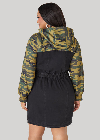 Ashley Stewart Camo Paneled Denim Bodycon Dress Black
