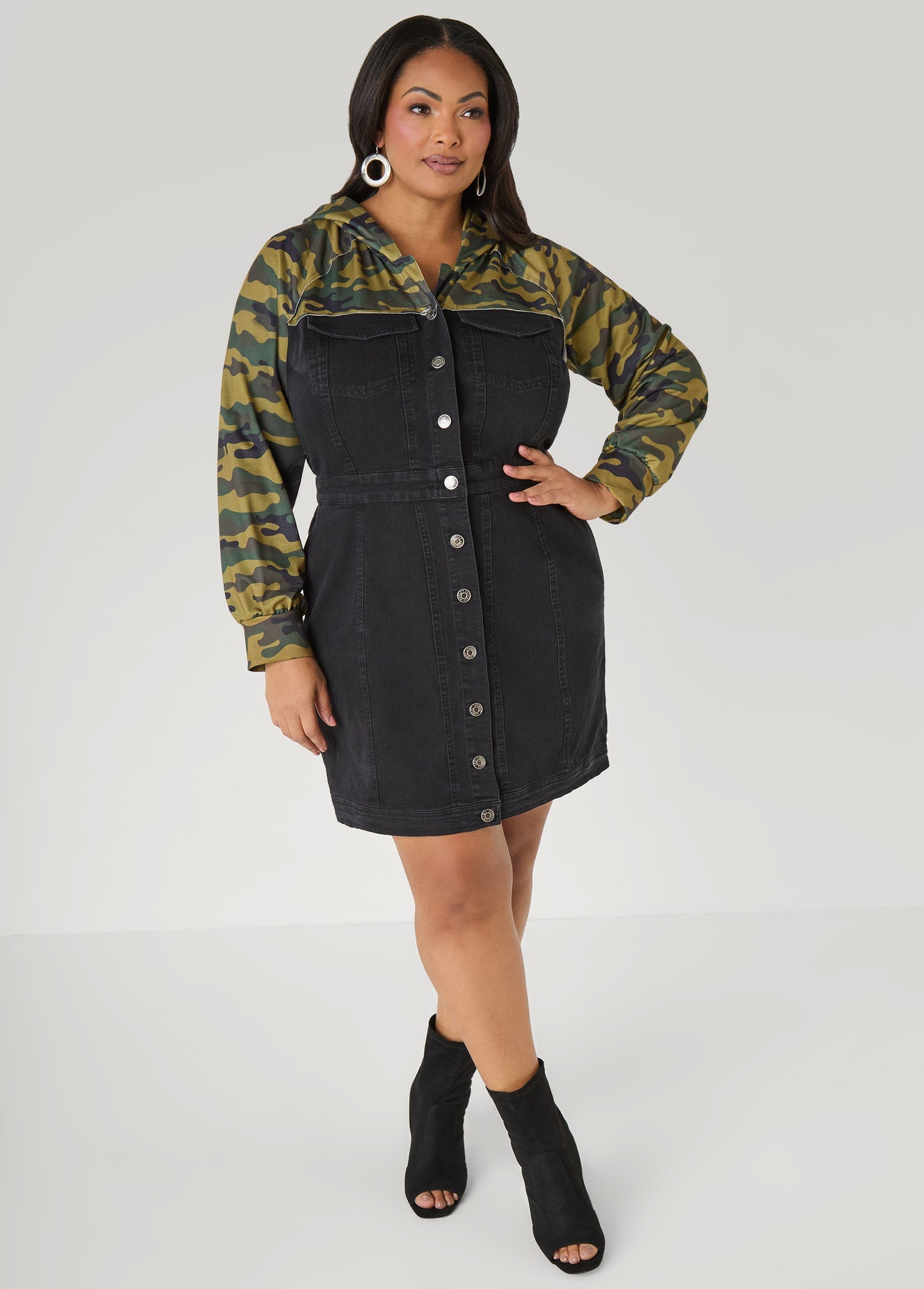 Ashley Stewart Camo Paneled Denim Bodycon Dress Black