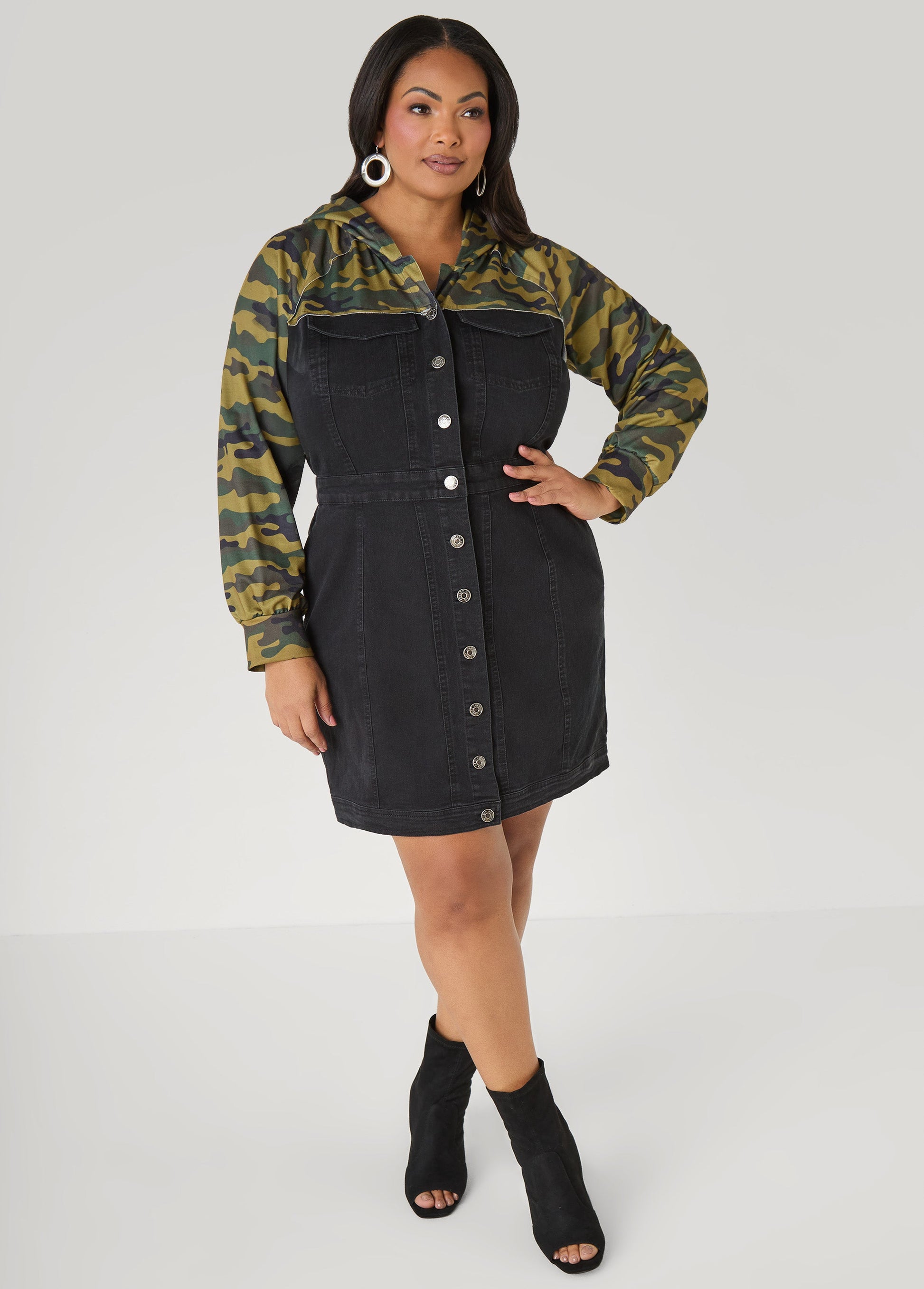 Ashley Stewart Camo Paneled Denim Bodycon Dress Black
