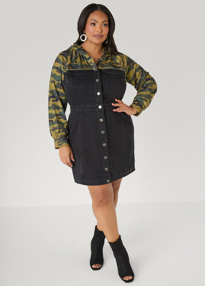 Ashley Stewart Camo Paneled Denim Bodycon Dress Black