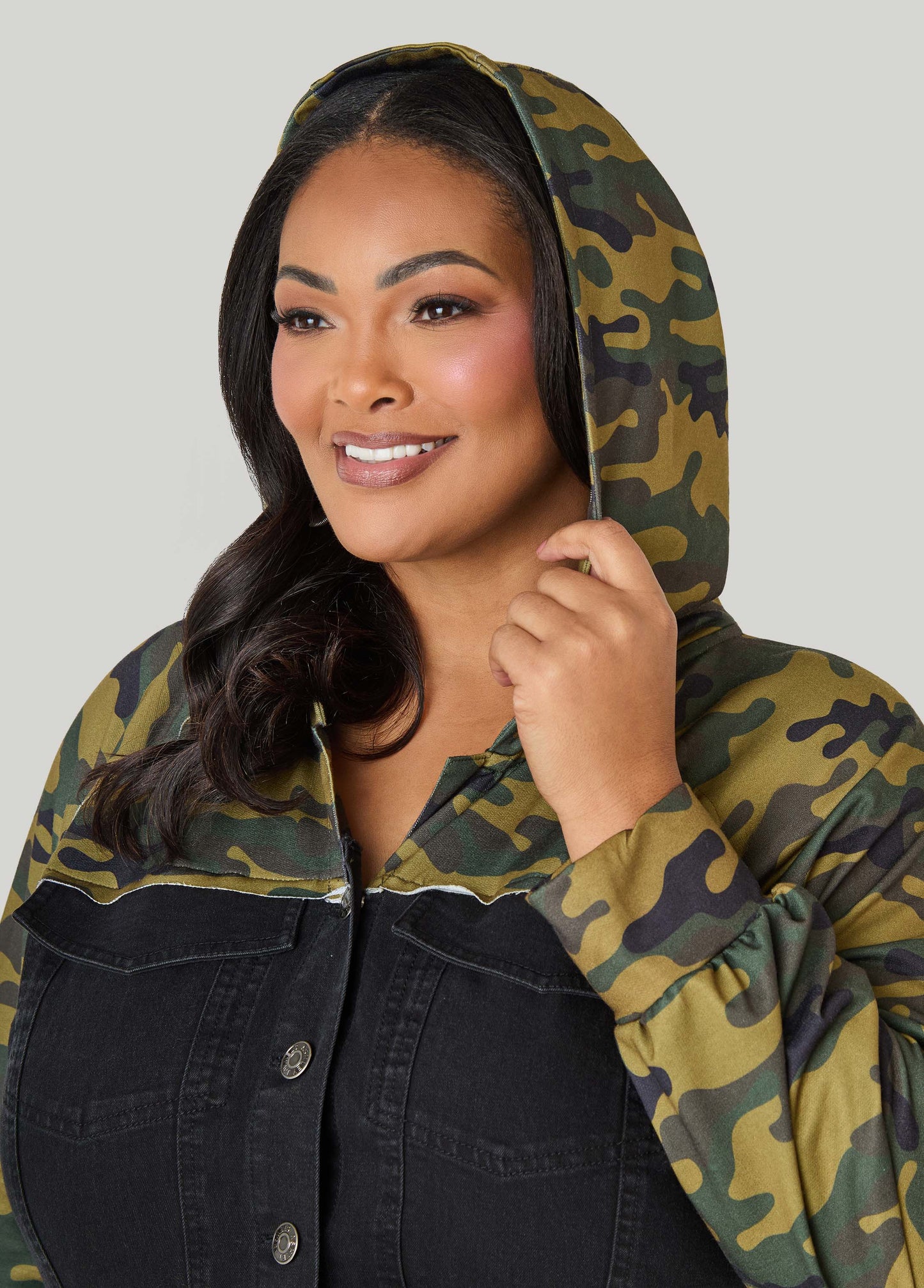 Ashley Stewart Camo Paneled Denim Bodycon Dress Black