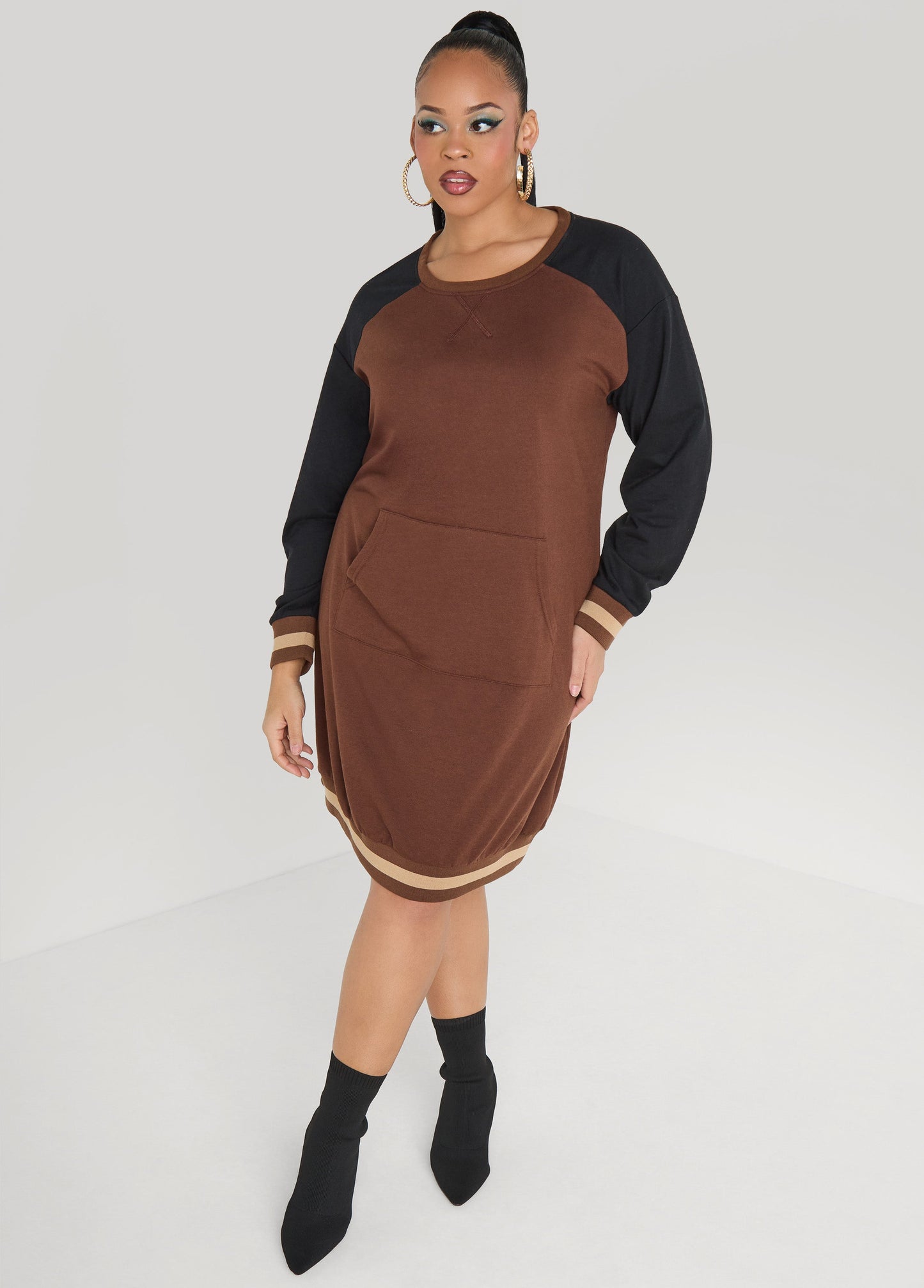 Ashley Stewart Raglan French Terry Sneaker Dress Black Combo