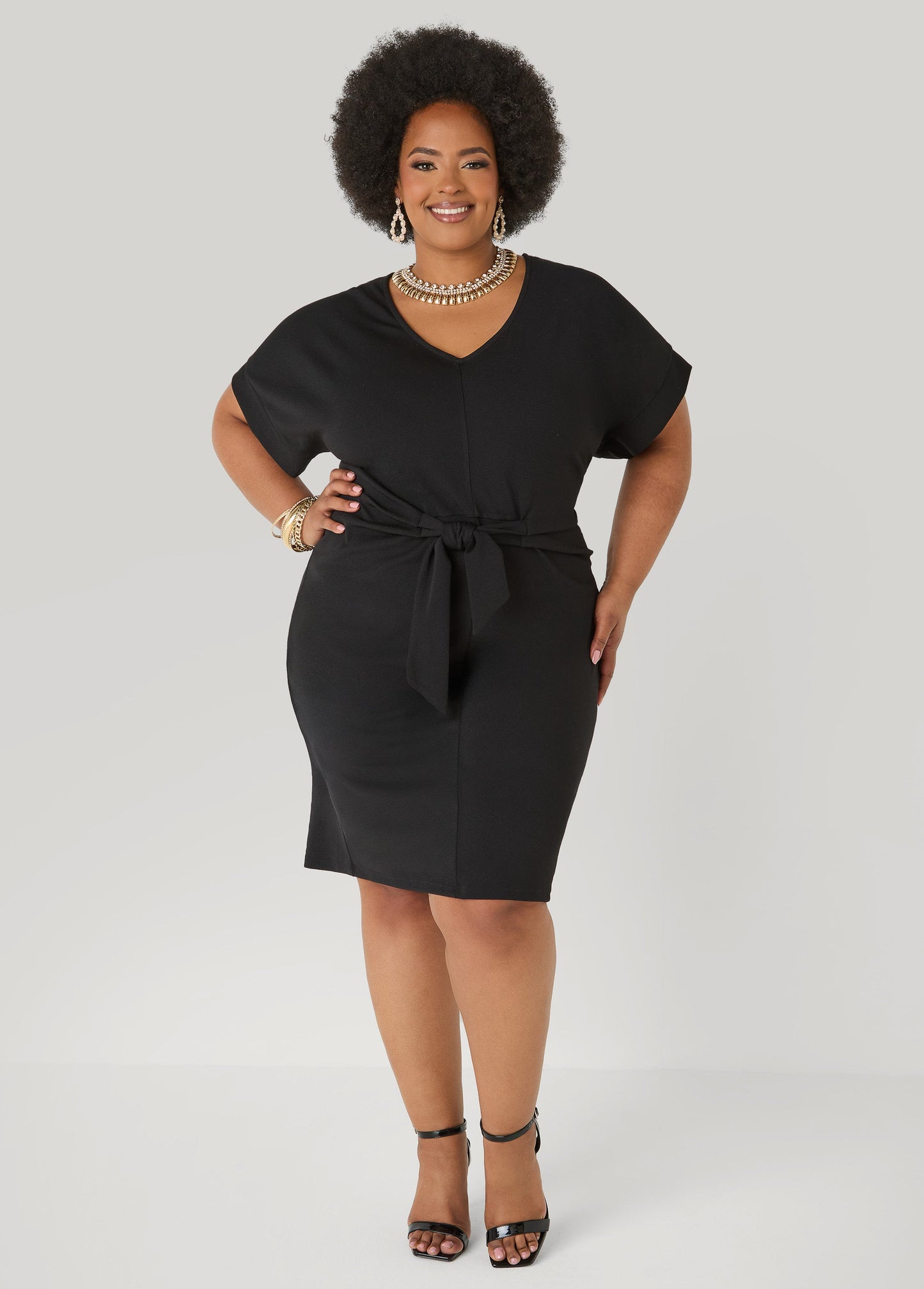 Ashley Stewart Textured Tie Front Dress Black