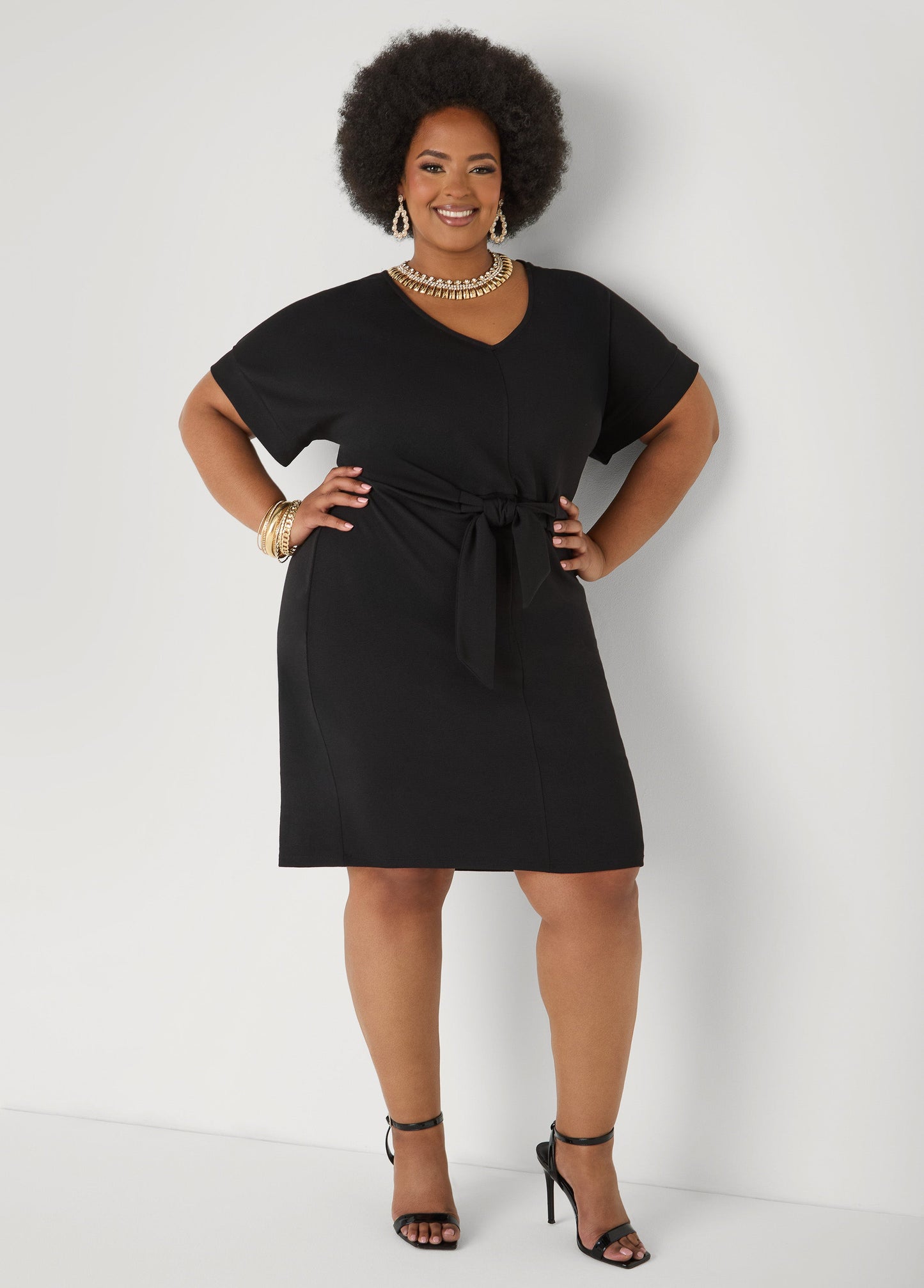 Ashley Stewart Textured Tie Front Dress Black