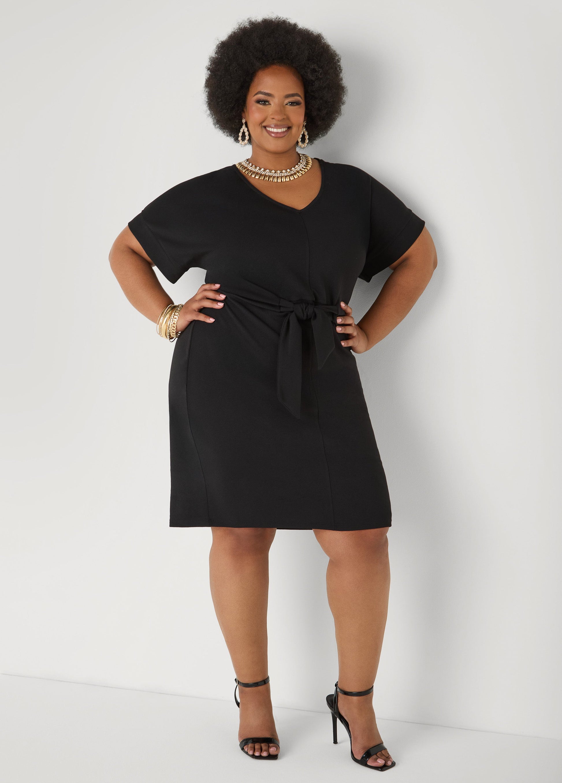 Ashley Stewart Textured Tie Front Dress Black