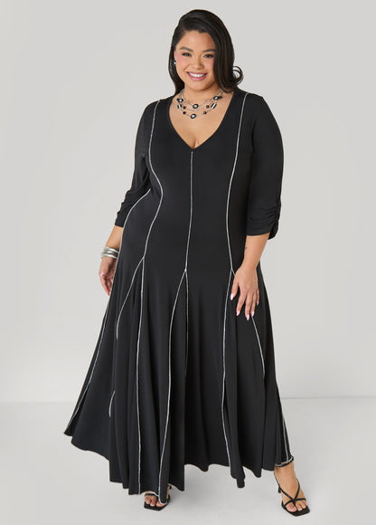 Ashley Stewart Ruched Sleeve Seamed Maxi Dress Black
