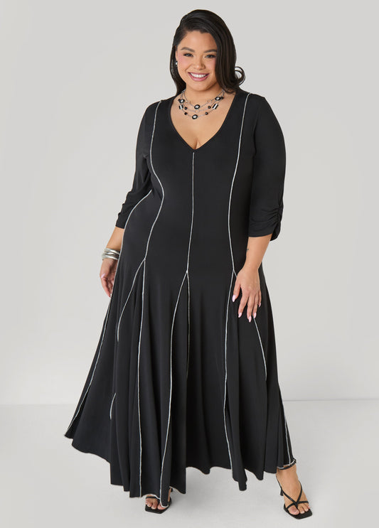 Ashley Stewart Ruched Sleeve Seamed Maxi Dress Black