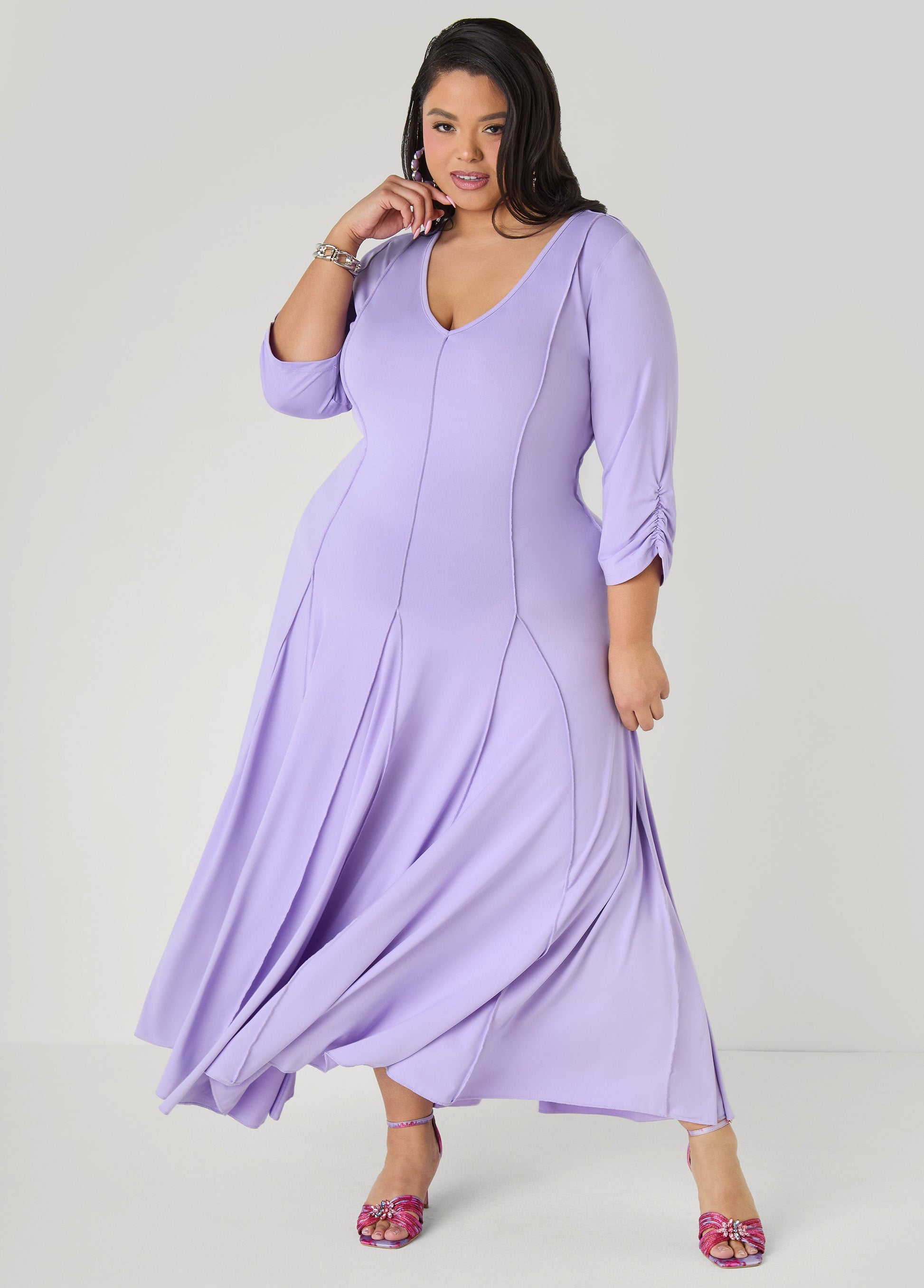 Ashley Stewart Ruched Sleeve Seamed Maxi Dress Black