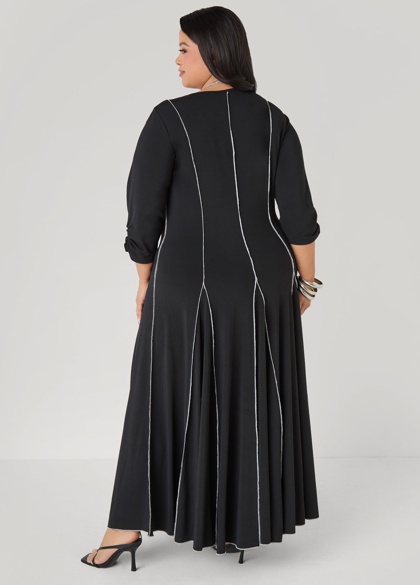 Ashley Stewart Ruched Sleeve Seamed Maxi Dress Black