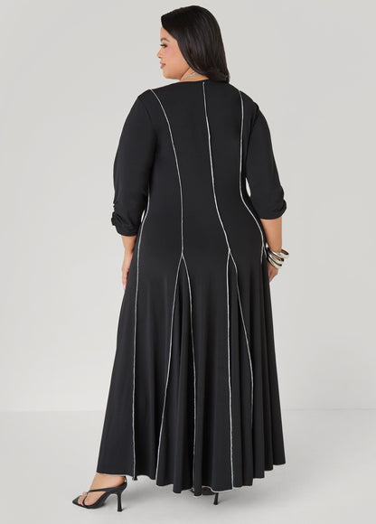 Ashley Stewart Ruched Sleeve Seamed Maxi Dress Black