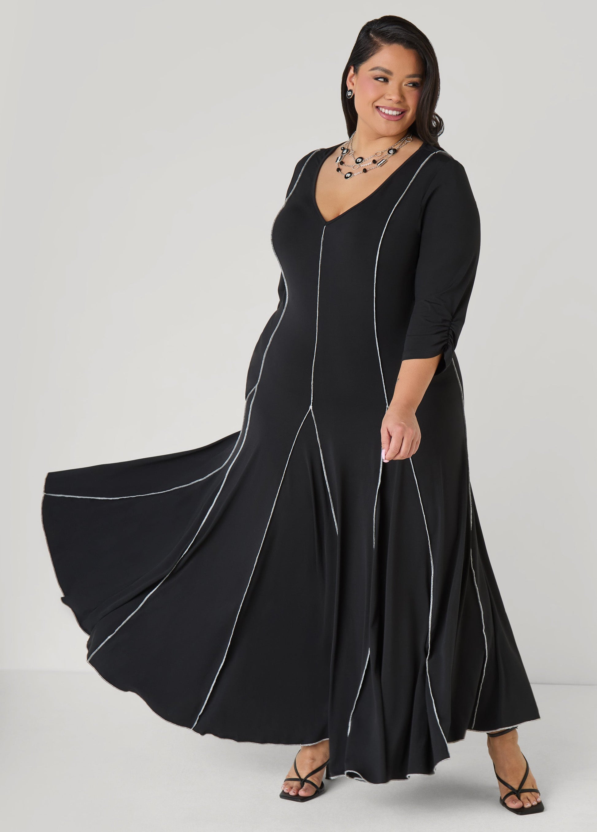 Ashley Stewart Ruched Sleeve Seamed Maxi Dress Black