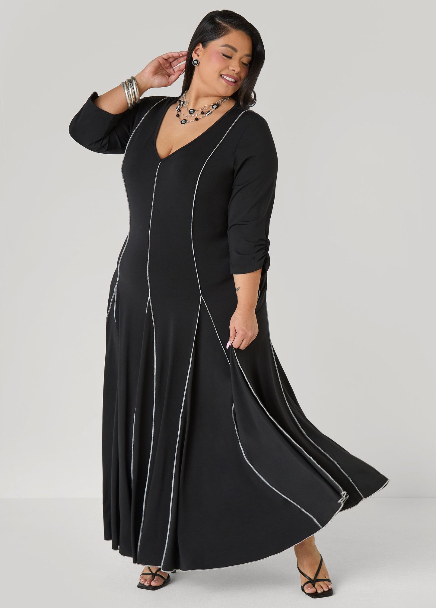 Ashley Stewart Ruched Sleeve Seamed Maxi Dress Black